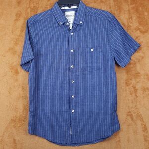 HERITAGE Shirt Mens Small Blue Stripe Button Up Short Sleeve 100% Linen